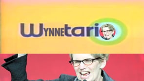 Image of Ontario Premier Kathleen Wynne, raising hand and shouting, with text "Wynntario" above her